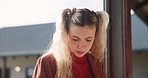Woman, student and book for reading at campus with knowledge, scholarship and studying for english test. Girl, gen z pupil and literature novel for education, fiction story and learning poetry