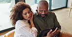 Couple, lounge and tablet for bonding, talking and browse for home renovation, ideas and inspiration. Online, woman and man with internet, searching and happy with app, blog and tips in website