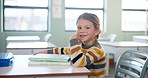 Face, learning and knowledge with girl in classroom for education, study and writing. Scholarship, happy and future with portrait of young student at school for academy, exam test and project