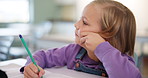 Thinking, student and classroom for education at school with learning, knowledge and answers for information of exam. Girl, writing and paper for lesson activity, assessment and creative growth