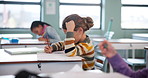 Girl, thinking and classroom for education at school with learning, knowledge and answers for information of exam. Student, brainstorming and writing for lesson, assessment and creative for future