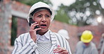 Woman, architect and phone call at construction site with talk, thinking contact at city board for deal. Woman, person and urban development on smartphone with talking for contract on property sale