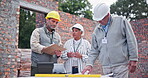 Construction site, team and man with clipboard for plan, instruction and assessment for property development. Woman, notes and engineer on worksite for project management, discussion and inspection
