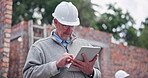 Construction, reading and mature man with tablet for typing info, quality control and maintenance. Building site, male architecture and digital for inspection, project management and online report