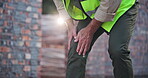 Hands, knee and architect man with injury, joint and leg inflammation from arthritis. Construction worker, acl pain and tension from manual labour for male person and medical accident on job site