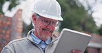 Construction, smile and mature man with tablet for typing info, quality control and maintenance. Building site, male architecture and digital for inspection, project management and online report