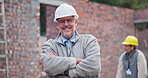 Construction, face and mature man with arms crossed for building inspection, maintenance and supervisor. Outdoor, pride and male contractor as foreman for renovation project, planning and management