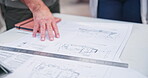 Hands, architect and blueprint sketch and people for floor plan, drawing and renovation process of building construction. Group, contractor and document, planning and ideas of infrastructure project