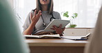 Hands, stethoscope and tablet with physiotherapy person talking to patient for progress report. Assessment, consulting or rehab with medicine professional in appointment for health and wellness