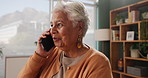 Senior woman, mobile and phone call in house with happiness for conversation, funny and good news. Elderly person, smartphone and speak with smile or excited for gossip, chat and invite to reunion