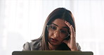 Stress, thinking and business woman on laptop for decision, mistake and bankruptcy in office. Problem solving, bad news and sad professional reading email for tax, fail challenge or  debt in company