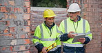 Men, construction and walking with checklist for inspection or check, manager with job for employee. Teamwork, contractor and problem solving for building, property development or city project