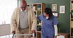 Old man, nurse and walker for recovery in home, helping and support for balance in healthcare. Elderly person, caregiver and rehabilitation for arthritis treatment, speaking and walking assistance