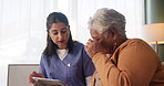 Results, old woman or nurse with tablet for telehealth, website information or explaining treatment. News, consulting or caregiver talking to senior patient with technology, healthcare app or help