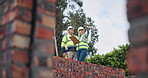 Planning, teamwork and architecture at construction site with floor plan development, renovation or project solution. Engineering, people or builder with building checklist, clipboard and talk below