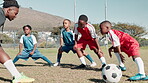 Soccer field, practice and team of kids with stretching for training, workout and warm up in match. Children, coach and boys with flexibility in circle for exercise, development and outdoor sports