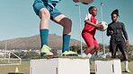 Stadium, coach and children for football for warm up, practice and exercise for sport competition. Field, box or male trainer with players for training, balance or motor coordination for soccer game