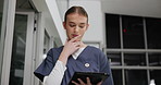 Girl, nurse and thinking with tablet in night for medical records, patient care and overtime for emergency response. Medic, technology and internet for communication while working late and planning.