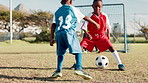 Soccer ball, sports and kids with net for training, practice and exercise for playing match. Fitness, coaching and children learning to kick goals on field for teamwork, competition and tournament