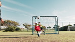 Soccer ball, goal and kid with bicycle kick in post for exercise, practice and development of skills. Children, coach and field with outdoor sport on grass for aim training, workout and score in net