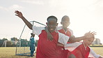 Face, soccer and group with celebration, kids and excited with victory, support and fitness. Teamwork, player of match and children with competition, kids and game with challenge, football and energy