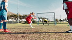 Soccer, girl and children with fitness, goal and challenge with youth league, competition and sports. Group, kids and players with energy, game and penalty kick with tournament, football and contest