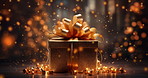 Gift, Christmas present and bokeh for luxury shopping, festive wellness or seasons greetings. Box, holiday celebration or confetti for lifestyle event or cardboard package at night, magic in December