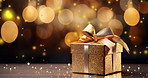 Box, Christmas gift and bokeh for luxury shopping, festive wellness or seasons greetings. Present, holiday celebration or confetti for lifestyle event or cardboard package at night, magic in December