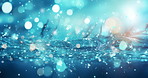 Water, particles and animation with ocean, wave and blue glow with floating dots and illustration. Bokeh, graphic and light with motion, texture and stream with sparkle, flowing drops and circles
