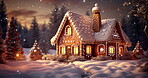 Snow, gingerbread and house on Christmas holiday with bokeh sparkle, cookie and tradition dessert of festive. Home, cake and sugar dust for creative, forest or celebration of winter wonderland party