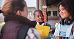 Girls, school and conversation with friends, group and books with headphones at break. Hallway, gossip or diversity for education with exchange student person, international or discussion in corridor