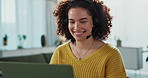 Woman, headset and laptop for remote work from home with smile, talking and guide for e learning class. Person, teacher and mic on video call with education, scholarship or online course for maths