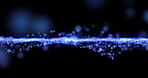 Animation, data stream and network traffic with blue particles on black background for communication. Dark, future and graphic with cloud computing or information technology flow in cyberspace