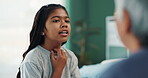 Sick girl, doctor and throat infection in hospital for health, wellness and speaking with cough. Child, otolaryngologist and tonsils in clinic for consultation, medicine and healthcare assessment