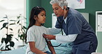 Girl, doctor and stethoscope in clinic for heart, lungs and health with checkup, breathe and listening. Child, pediatrician and chest exam in hospital for cardiology, asthma and healthcare assessment