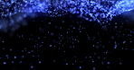 Animation, cloud computing and data stream with blue particles on black background for communication. Digital, future and graphic with information technology or networking flow in dark cyberspace