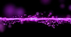 Animation, data stream and networking with purple particles on black background for communication. Encryption, future and graphic with cloud computing or information technology in dark cyberspace