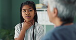 Woman, doctor and consulting girl with question for throat infection, pain or tonsils at clinic. Specialist, pediatrician and little child in medical checkup for exam, virus or physical diagnosis