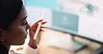 Woman, thinking and working at desk for problem solving, solution and planning for business. Female entrepreneur, computer and idea in office for project, proposal and company review or report