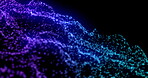 Animation, data ocean and networking with blue particles on black background for communication. Digital stream, future and graphic with cloud computing or information technology in dark cyberspace