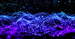 Animation, data stream and transfer with blue particles on black background for communication. Future, graphic and network share with cloud computing or information technology flow in dark cyberspace