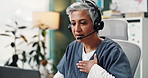 Senior woman, doctor and headphones for video call, healthcare, pneumonia advice and virtual consultation in clinic. Mature medic, headset and telehealth for online chat, support and tuberculosis faq