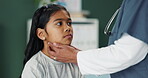 Nurse, patient and hands on neck to check for tonsils, thyroid disease or lymph node in hospital. Ent, girl and child with medical pediatrician in throat exam, test and diagnosis of kid in clinic