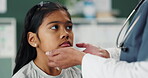 Doctor, kid and hands touching neck to check for tonsils, thyroid disease and healthcare in hospital. Ent, girl child and medical pediatrician in throat exam, test and diagnosis of patient in clinic