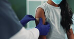 Clinic, nurse and arm of woman with plaster in injection for healthcare, protection and virus safety. Medical, ppe and people with band aid in consultation for covid vaccine, immunization and benefit