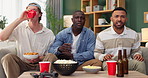 Watching tv, sport and men in home with game, streaming and friends together for football team support. Drinking, food and group on a living room sofa with match and competition fans with popcorn