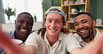 Selfie, people and diversity with cheerful, together and multicultural for bonding, memory or celebration. Male friends, beer and relax in home for house party drinks and community as group in lounge