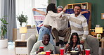 Friends, watching tv and celebrate winning, sport and support team with New Zealand flag. Television, goal and group of excited people clap for rugby, diversity and high five with beer at home party