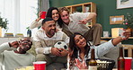 Selfie, friends and excited on sofa for football game, socializing and reunion in living room. Diverse group, students or happy for sports streaming, social media update or peace sign for photography