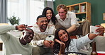 Friends, selfie and excited on sofa for football game, socializing or reunion in living room. Diverse group, students or happy for soccer tournament, social media update or peace sign for photography